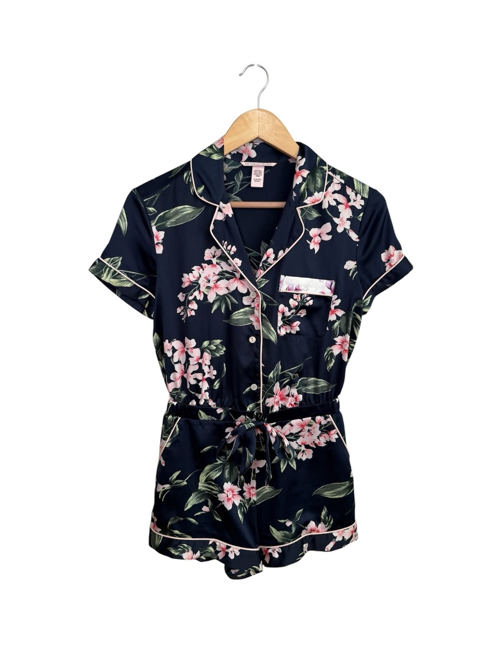 Victoria’s Secret Navy Floral Short Pajama Set - Women's Satin Romper - Picture 2 of 7